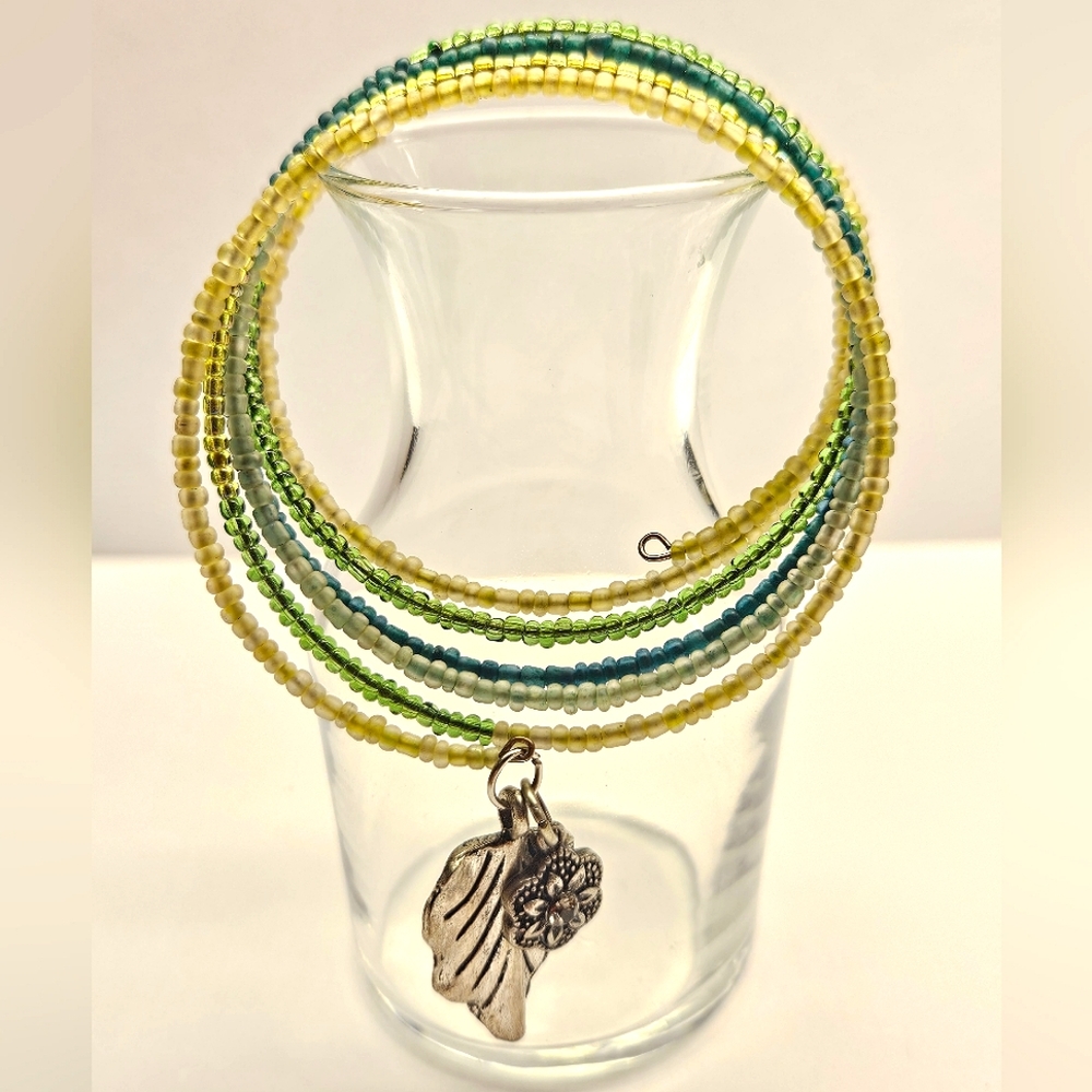 Green Beaded Leaf Charm Memory Wire Bracelet
